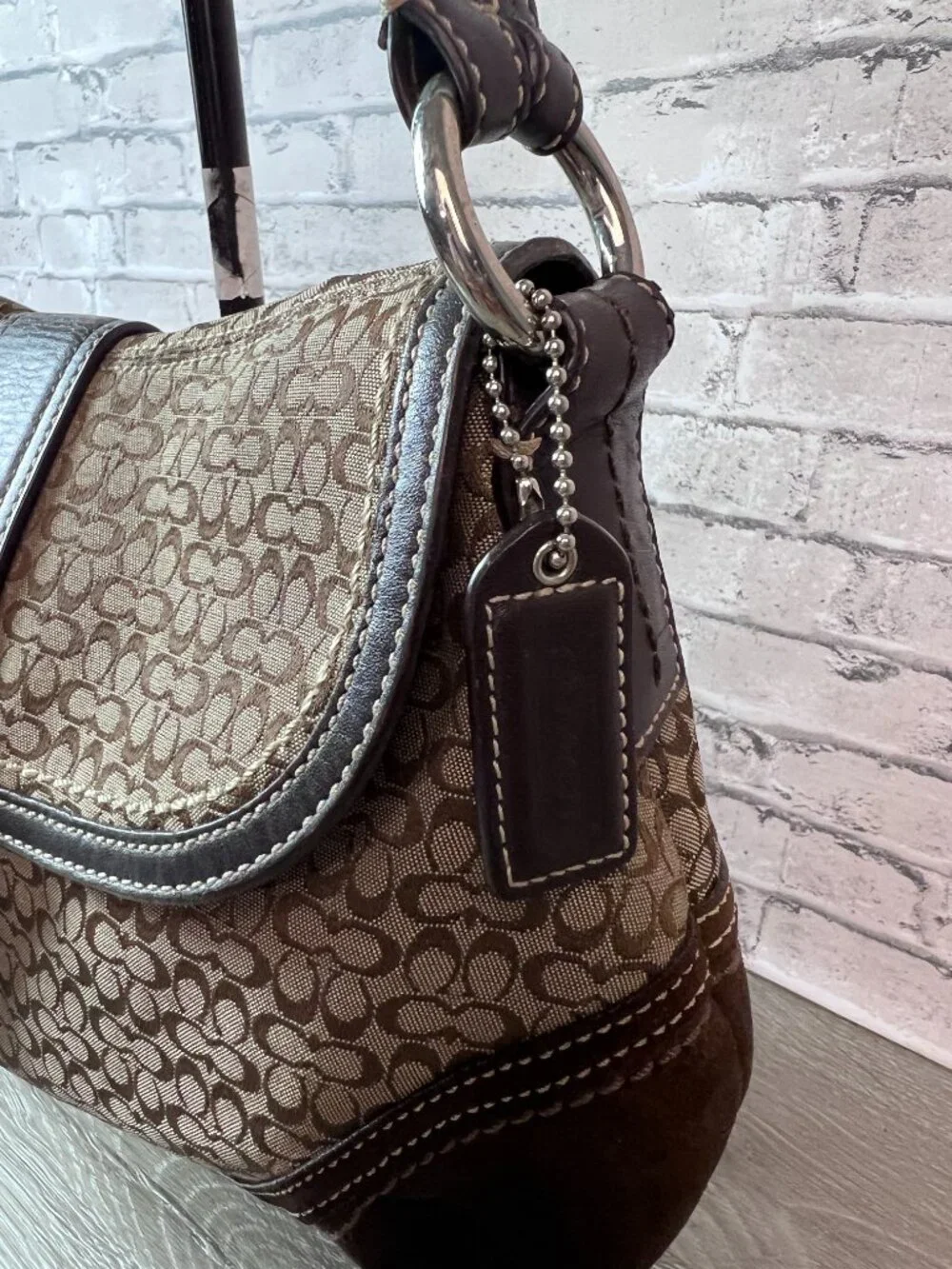Coach F10926 Vintage Medium Soho Black Leather & Signature C Canvas Shoulder